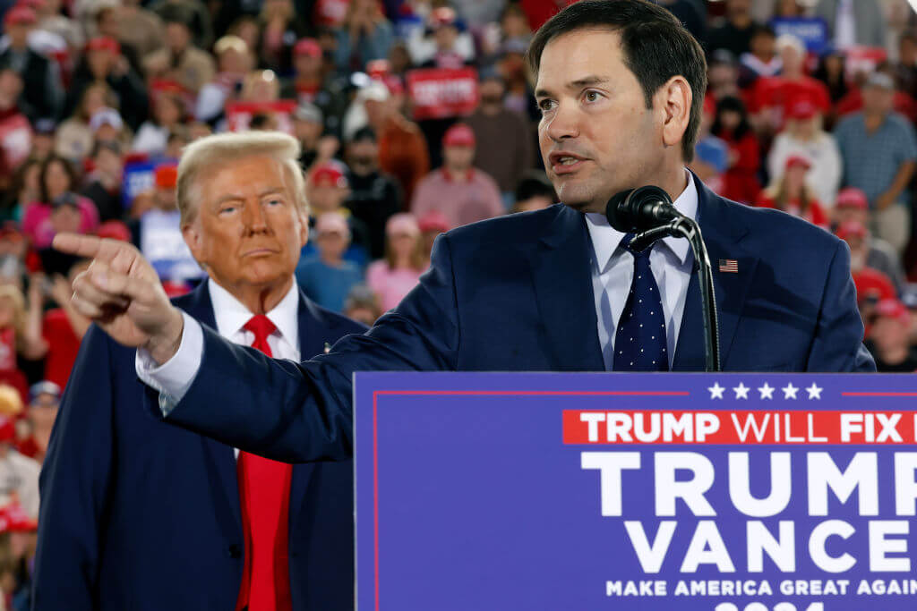 Sen. Marco Rubio (R-FL) speaks during a Trump rally on Nov. 04, 2024.