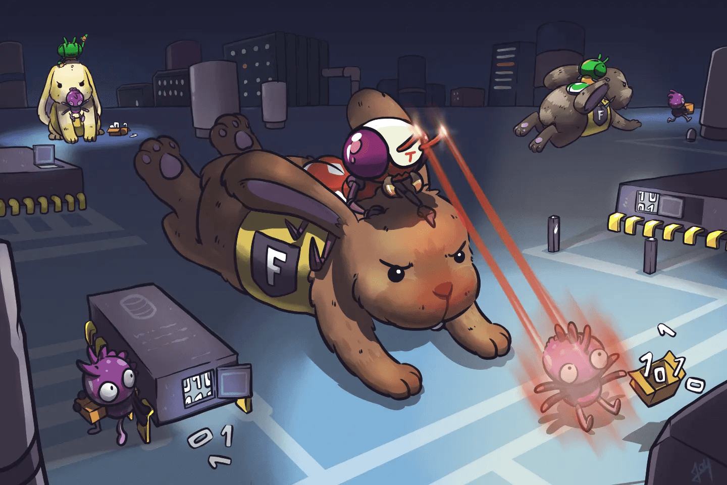 Tigerbeetle riding on bunny to zapping bugs with lasers