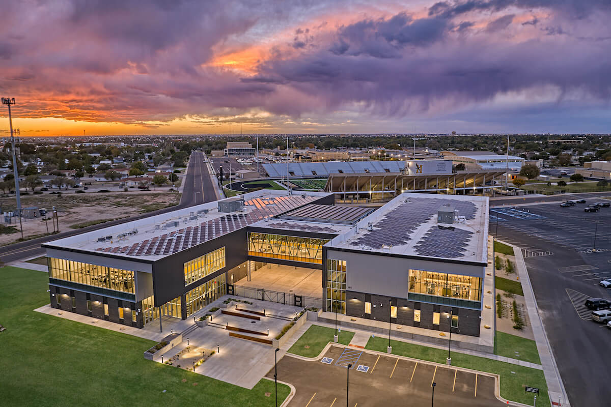 Above shot of the CTECH building at sunset