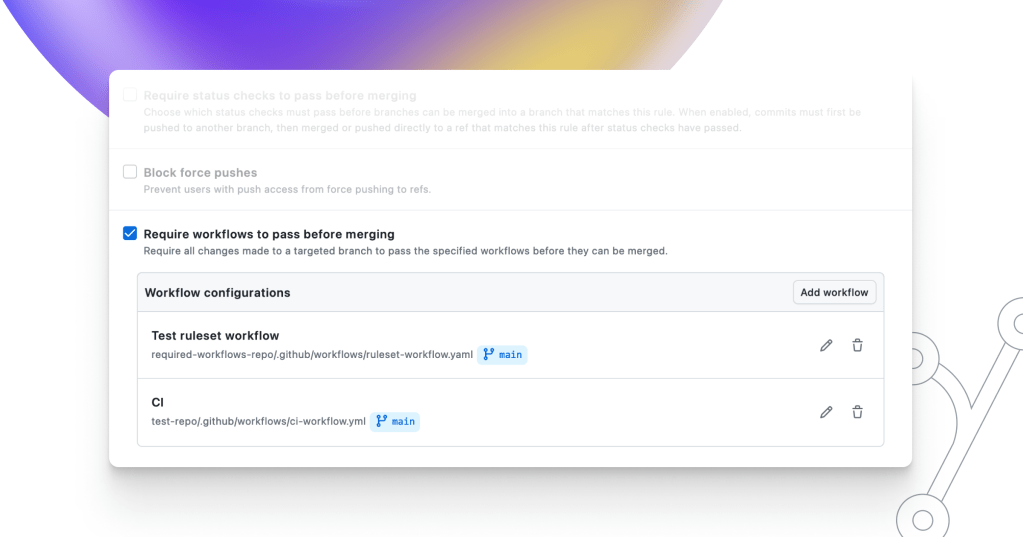 Screenshot showing that the checkbox for "require workflows to pass before merging" has been selected on the repository.