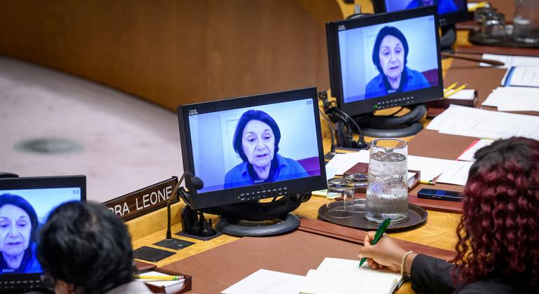 Rosemary DiCarlo, Under-Secretary-General for Political and Peacebuilding Affairs, briefs the Security Council meeting on threats to international peace and security.