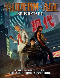 Modern AGE RPG Quickstart Cover Image: Three characters in modern-day garb strike dynamic poses on an urban rooftop, lit from below. Skyscrapers tower in the background.