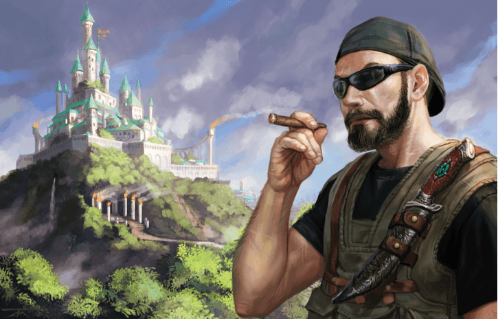 Image from Modern AGE Quickstart: A cigar-chomping, bearded mercenary stands in the foreground, with a wicked knife strapped to his flak jacket. In the distance, a magical-seeming castle looms atop a wooded hill.