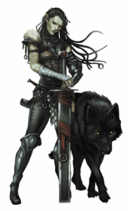 A warrior with her Rhy-wolf companion