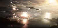 Early concept art of Ket-pattern battlecruisers firing upon New Alexandria.