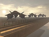 Drones of a different type on the carrier off the coast of Longshore. These drones are based on Halo 3 concept art rather than the version seen in Halo 3: ODST.