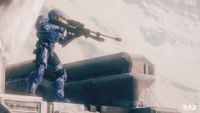 A blue Spartan with an SRS99-AM sniper rifle.