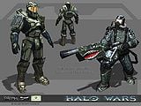 An early model of the MJOLNIR in Halo Wars alongside a Hellbringer.