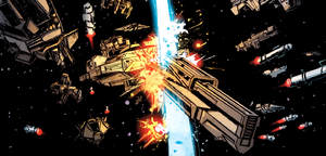 UNSC Musashi being gutted by a Kewu-pattern battleship's flensing lance, in issue 3 of Fall of Reach: Invasion.