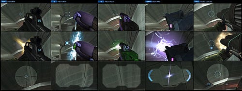 A compilation of Halo 2 screenshots taken on the level Outskirts, showcasing firing and zoom effects for the BR55 battle rifle, Okarda'phaa-pattern plasma rifle, Eos'Mak-pattern plasma pistol, Sulok-pattern beam rifle, and M41B SPNKr.