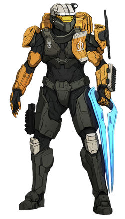 Halo Wars 2 concept art for Team Omega member Leon-011, cropped from this image. Used on Halo Waypoint and in the Halo Encyclopedia (2022 edition) as the official depiction of the character.