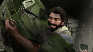 Fernando Esparza hugging John-117 onboard Echo 216. From Halo Infinite campaign level Silent Auditorium.