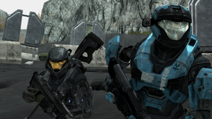 Catherine-B320 and SPARTAN-B312 of NOBLE Team at SWORD Base, as seen in Halo: Reach level ONI: Sword Base.