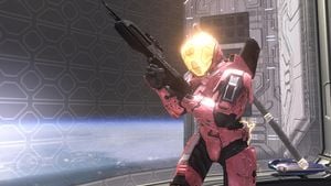 An EVA-clad Spartan-II on Orbital, wielding a BR55HB battle rifle and brandishing a Katana.