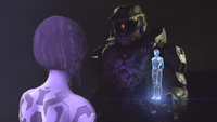 John-117 and the Weapon listening to a message from Cortana.