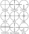 Different variants of crosshairs used in telescopic sights.