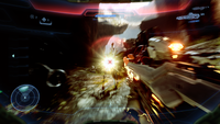 First-person view of John-117 firing the LightRifle at an Armiger Soldier.