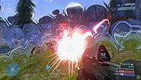 The bubble shield is capable of blocking practically all forms of attack throughout its duration, including Spartan Laser shots. Note the clear color from the Halo 3 Beta.