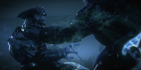 A Sangheili killed by Decimus wearing a combat harness in Halo Wars 2.