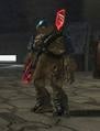 A Rh'tol Captain in Halo 2 wear blue armor and helmets with a red flag on their back.