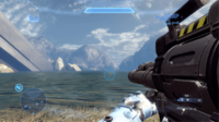 The first-person HUD of the Rocket Launcher in Halo 4.