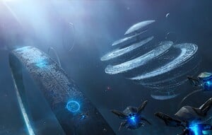 An illustration of Maethrillian, the Halo Array, and a number of Aggressor Sentinels.