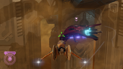 A screenshot of a player driving a Drailaac-pattern Banshee on the level The Arbiter.