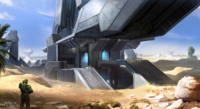 Concept art of a desert Forerunner installation on the ring; the setting for the map Behemoth.