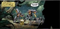 A golden Hesduros Zealot part of Sali 'Nyon's Covenant is incapacitated by Prometheans in Halo: Escalation Issue 15.