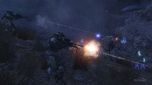 Promotional image for Halo: Reach featuring a customized Noble Six and Jun-A266 in combat with SRS99-AM sniper rifles. Screenshot of the campaign level Nightfall from the Halo: Reach press kit.