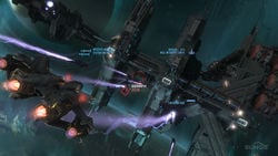 Promotional image for the Halo: Reach featuring a FSS-1000 Sabre's heads-up display during a battle around Anchor 9. Screenshot of the campaign level Long Night of Solace from the Halo: Reach press kit.