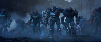 Voridus (center) and several other Banished Jiralhanae wearing power armor.