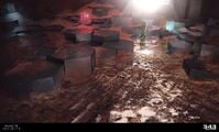 Concept exploration of muddy terrain with the installation's trademark hexagonal pillars.