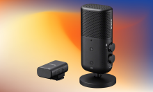 Sony ECM-S1 wireless streaming microphone on a pastel watercolor background