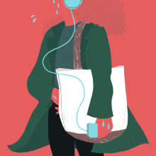 A woman wearing apple headphones sweats while wearing a tote