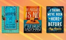 three book covers in a row on an orange background with white streaks running through it