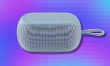 onn Small Rugged Speaker on purple and blue abstract background