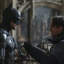 Director Matt Reeves behind-the-scenes with actor Robert Pattinson as Batman.