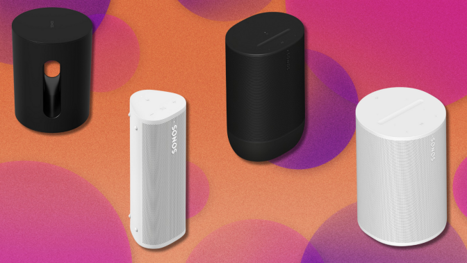 Sonos speakers on orange and pink background