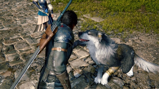 Clive petting pet wolf Torgal in Final Fantasy XVI. 