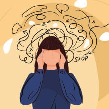 Illustration of a woman with worries swirling around her head. 