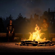 Teen horror movie characters sit around the camp fire in "The Quarry" video game