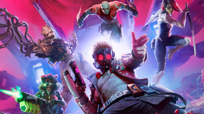 Groot lunges forward, Rocket Raccoon aims a bright green weapon, Star-Lord takes center stage with a confident pose and red glowing visor, Drax the Destroyer leaps from the background, and Gamora flips through the air with a sword in hand