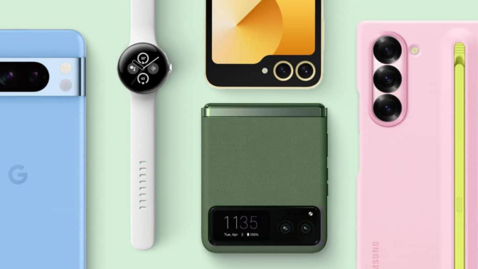 a flat lay of android devices against a minty green background