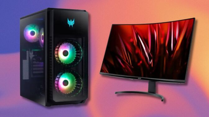 acer gaming pc angled towards an acer monitor on a purple, pink, and orange background