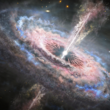 An artist's depiction shows how a quasar, which is the extremely bright core of a galaxy, unleashes torrents of energy from its central black hole.