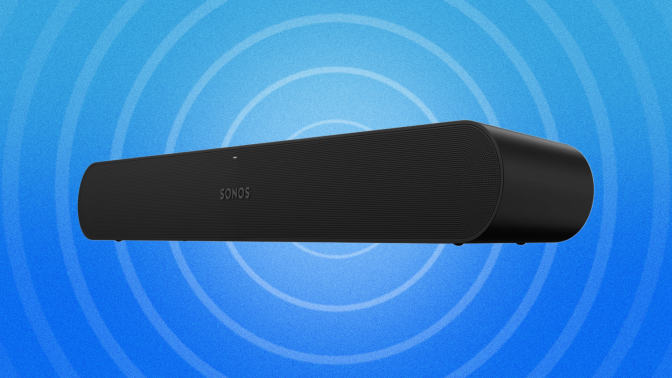 black sonos ray soundbar against blue background