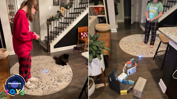 two kids playing with light-up robotic golf ball