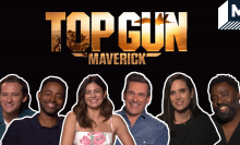 Top Gun: Maverick title with the cast smiling at the camera