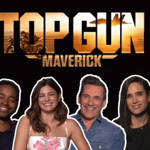 Top Gun: Maverick title with the cast smiling at the camera